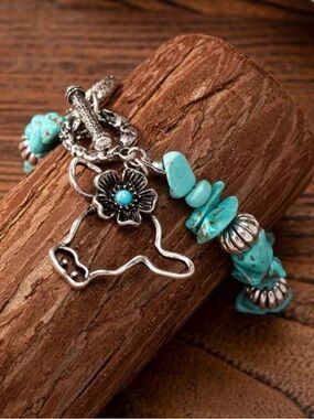 Turquoise Chip Western Charm Bracelet with Silver Cowgirl Accent